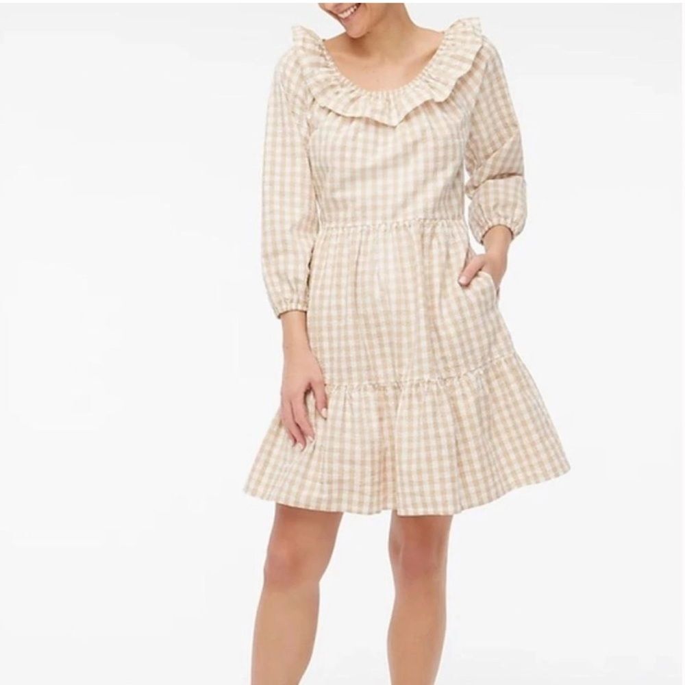 J. Crew Cotton Poplin Tiered Ruffle Dress Sz 2 Tan White Gingham Plaid